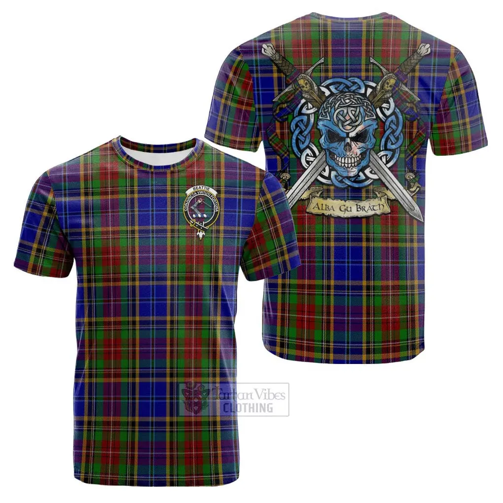 Beattie (Beatty) Tartan Cotton T-shirt with Family Crest Celtic Skull Style