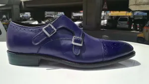 Bespoke Dark Blue Leather Monk Strap Cap Toe Shoe for Men