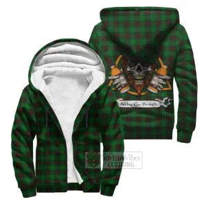 Beveridge Tartan Sherpa Hoodie with Family Crest and Bearded Skull Holding Bottles of Whiskey