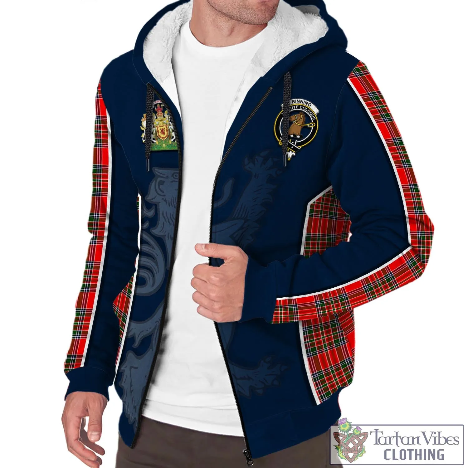 Binning Tartan Sherpa Hoodie with Family Crest and Lion Rampant Vibes Sport Style