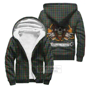 Bisset Tartan Sherpa Hoodie with Family Crest and Bearded Skull Holding Bottles of Whiskey