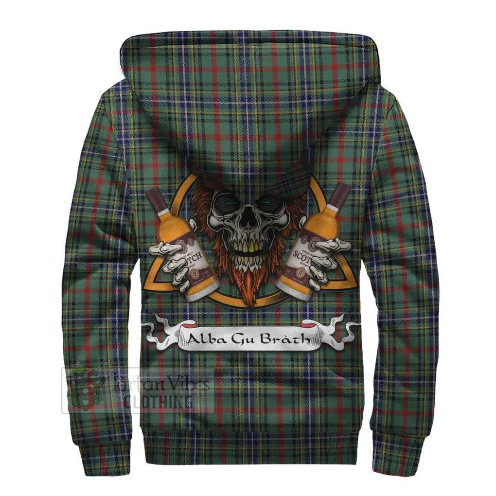 Bisset Tartan Sherpa Hoodie with Family Crest and Bearded Skull Holding Bottles of Whiskey