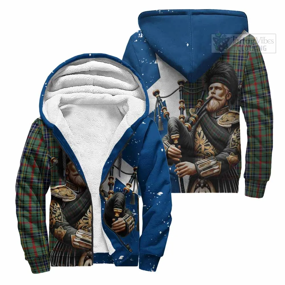 Bisset Tartan Sherpa Hoodie with Family Crest Scottish Bagpiper Vibes