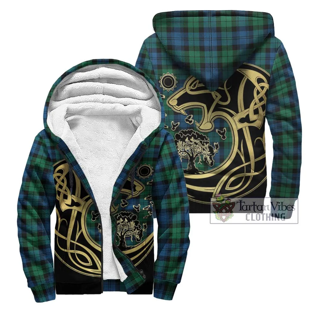 Black Watch Ancient Tartan Sherpa Hoodie with Family Crest Celtic Wolf Style