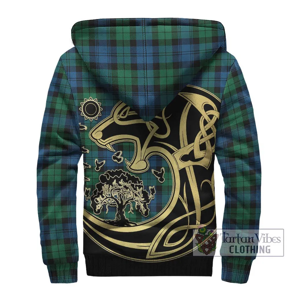 Black Watch Ancient Tartan Sherpa Hoodie with Family Crest Celtic Wolf Style