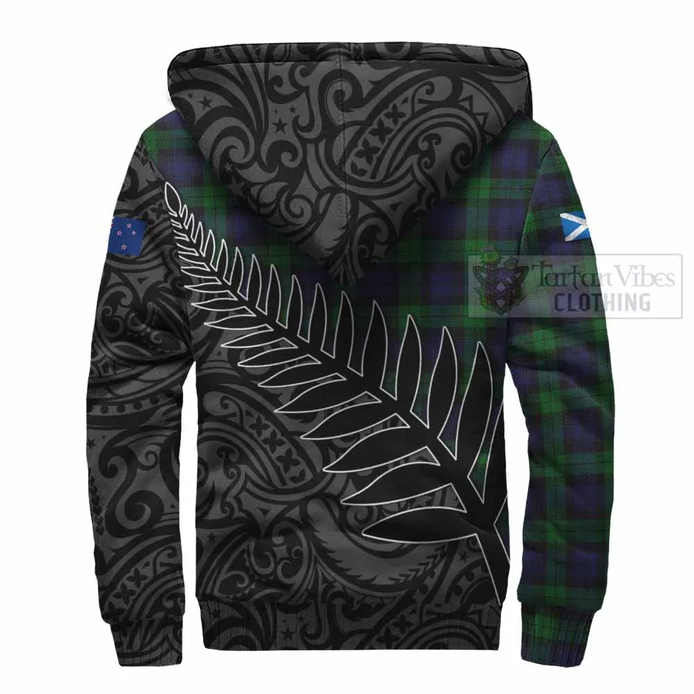 Black Watch Crest Tartan Sherpa Hoodie with New Zealand Silver Fern Half Style