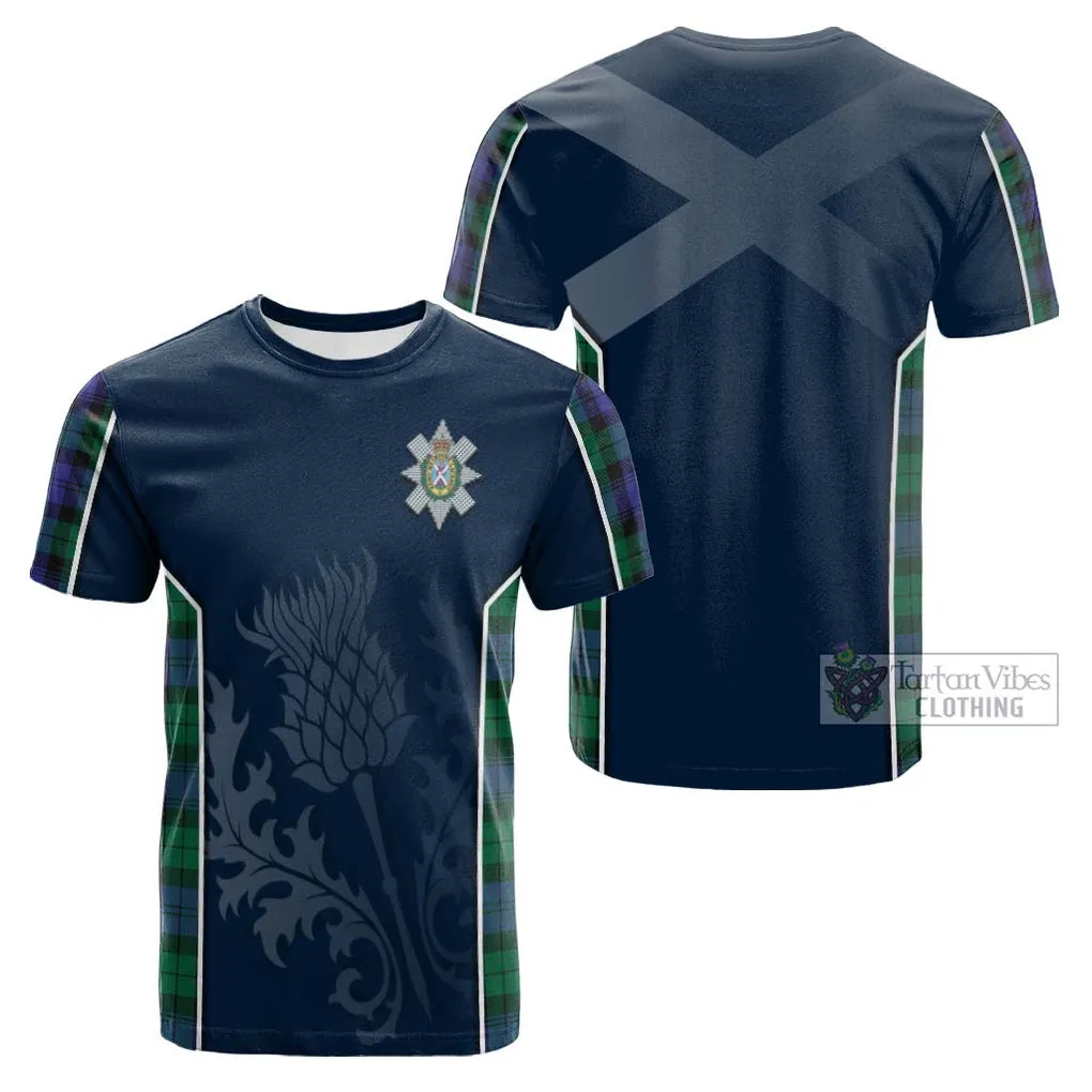 Black Watch Modern Tartan Cotton T-shirt with Family Crest and Scottish Thistle Vibes Sport Style