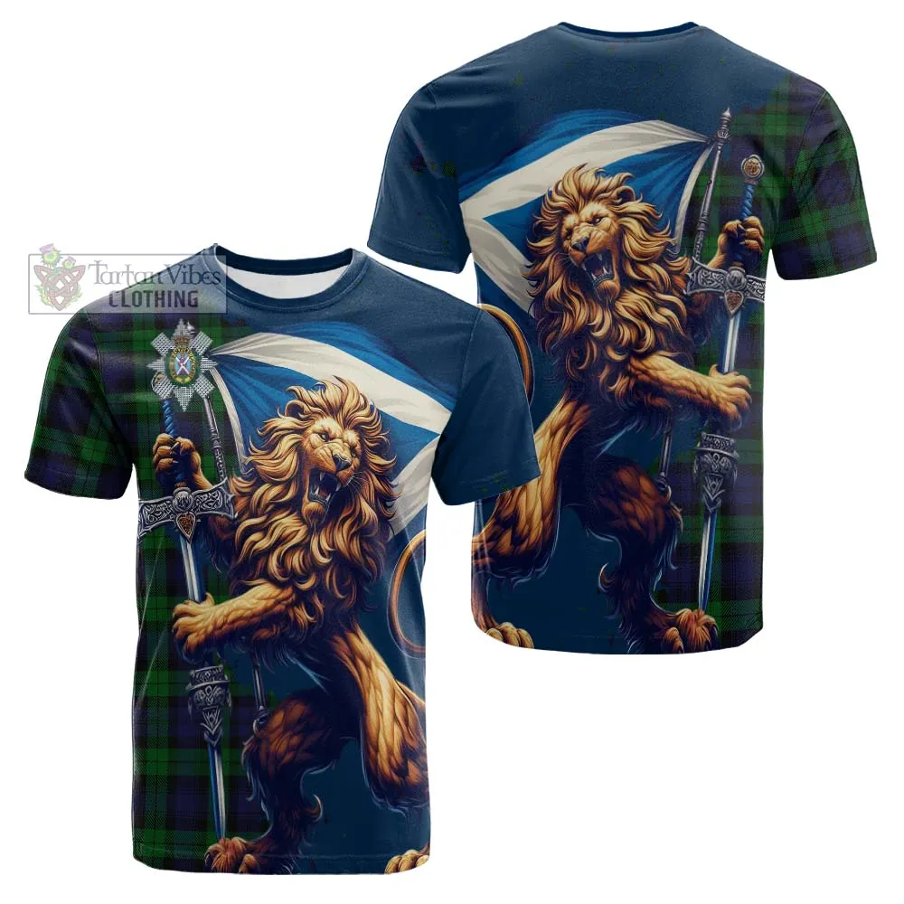 Black Watch Tartan Family Crest Cotton T-shirt with Scottish Majestic Lion