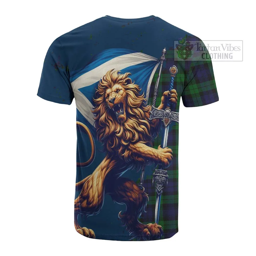 Black Watch Tartan Family Crest Cotton T-shirt with Scottish Majestic Lion