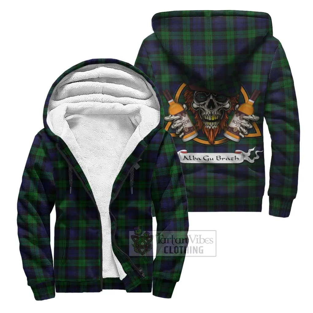 Black Watch Tartan Sherpa Hoodie with Family Crest and Bearded Skull Holding Bottles of Whiskey