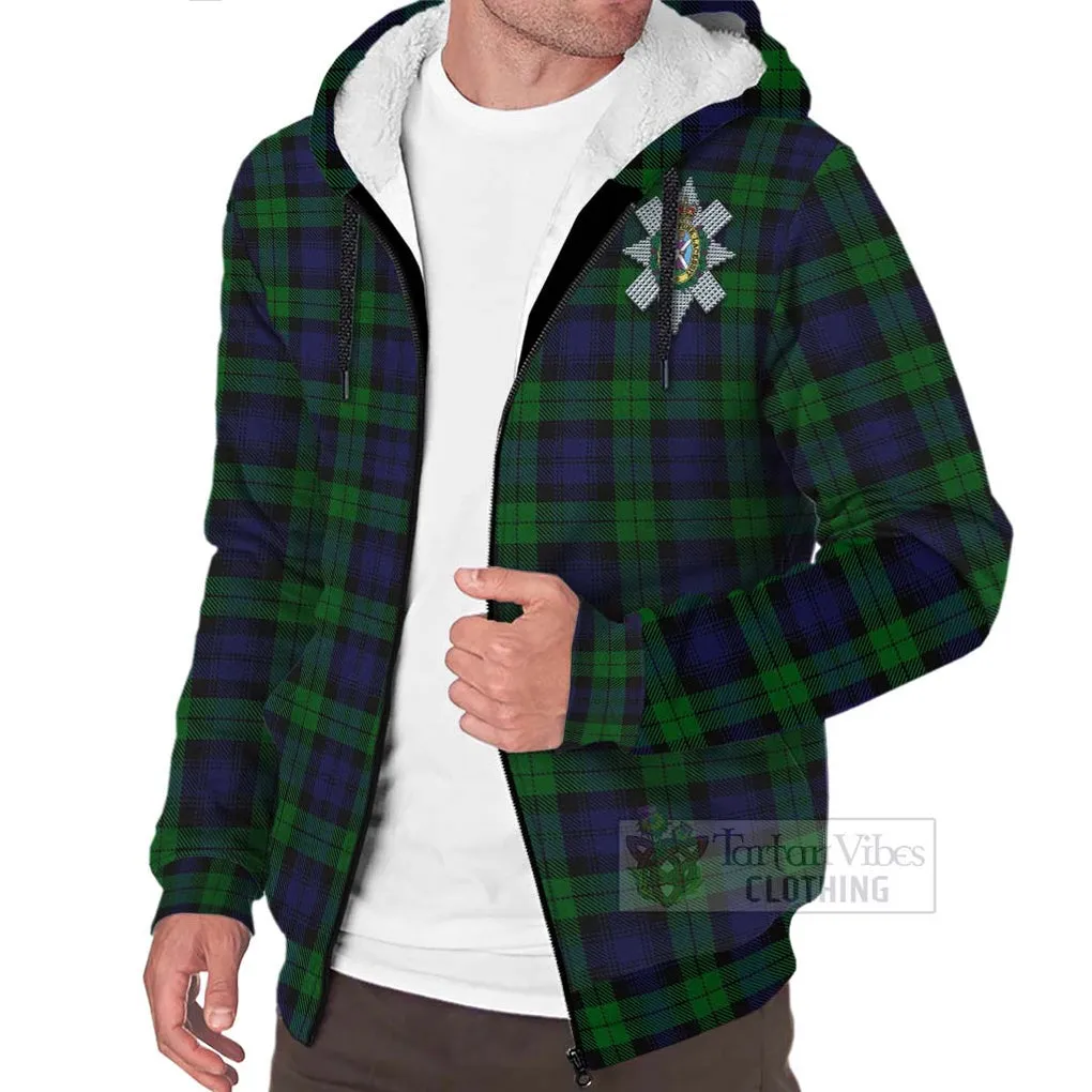 Black Watch Tartan Sherpa Hoodie with Family Crest and Bearded Skull Holding Bottles of Whiskey