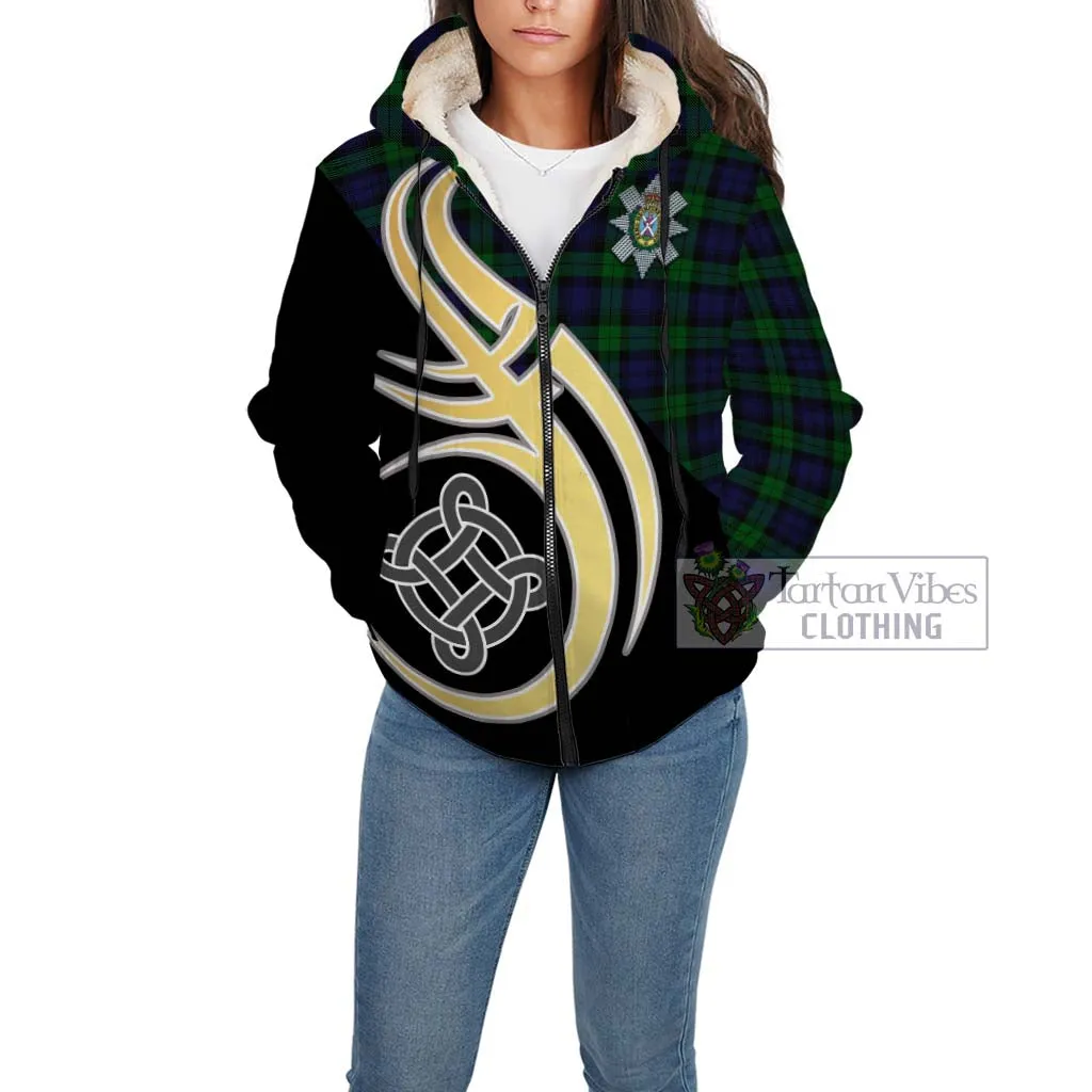 Black Watch Tartan Sherpa Hoodie with Family Crest and Celtic Symbol Style