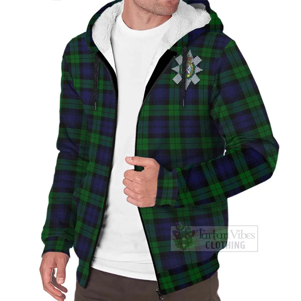 Black Watch Tartan Sherpa Hoodie with Family Crest Celtic Skull Style