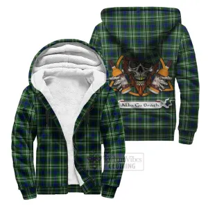 Blackadder Tartan Sherpa Hoodie with Family Crest and Bearded Skull Holding Bottles of Whiskey