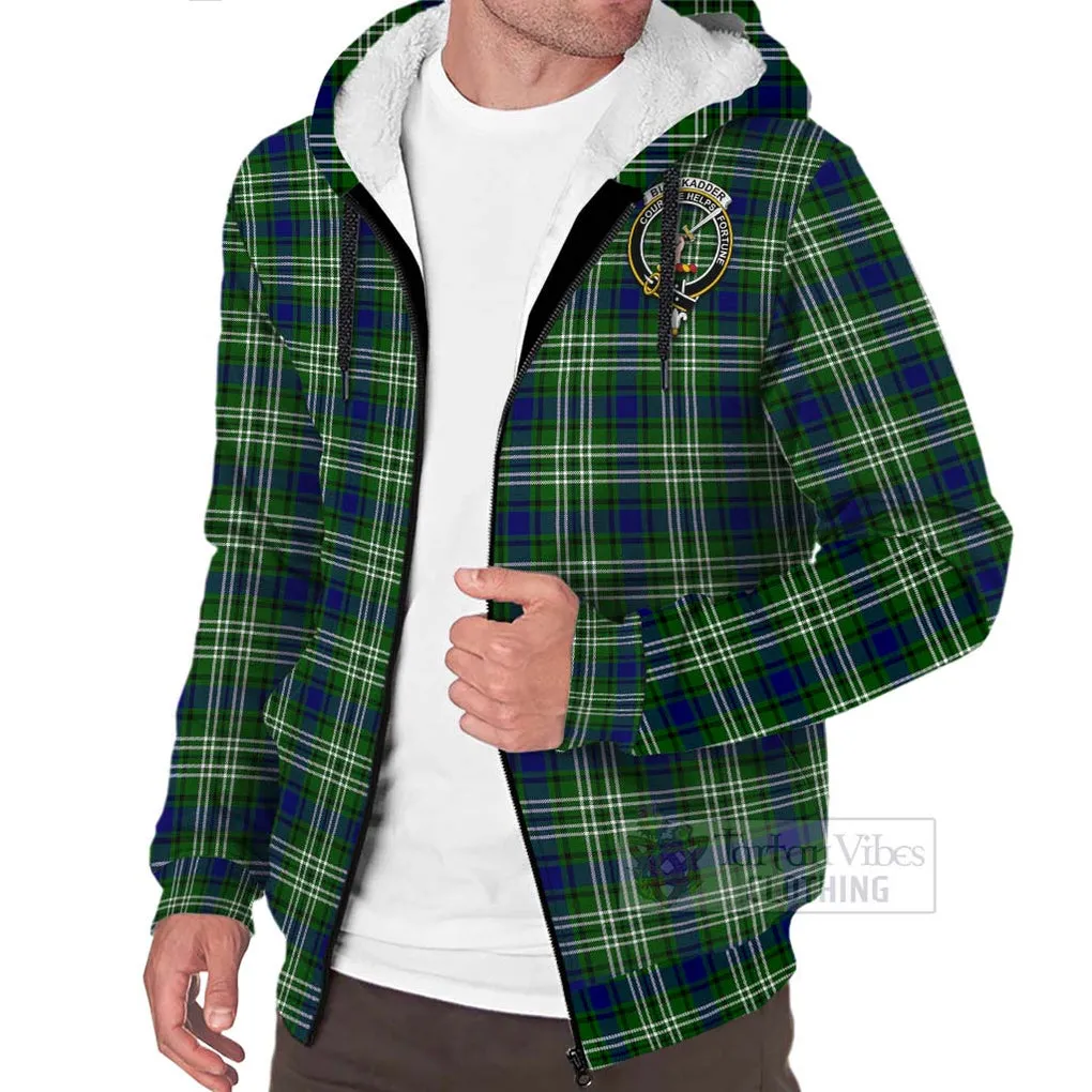 Blackadder Tartan Sherpa Hoodie with Family Crest and Bearded Skull Holding Bottles of Whiskey