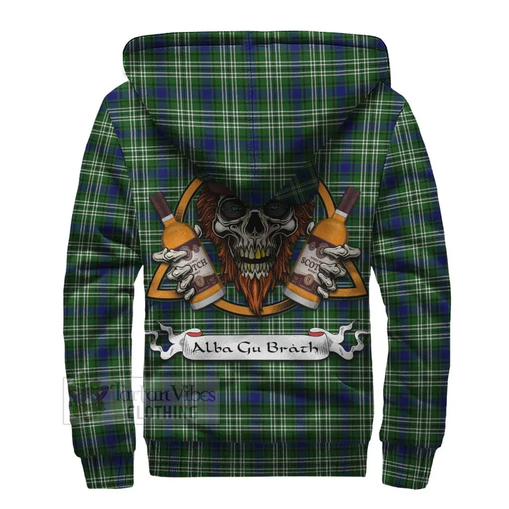 Blackadder Tartan Sherpa Hoodie with Family Crest and Bearded Skull Holding Bottles of Whiskey