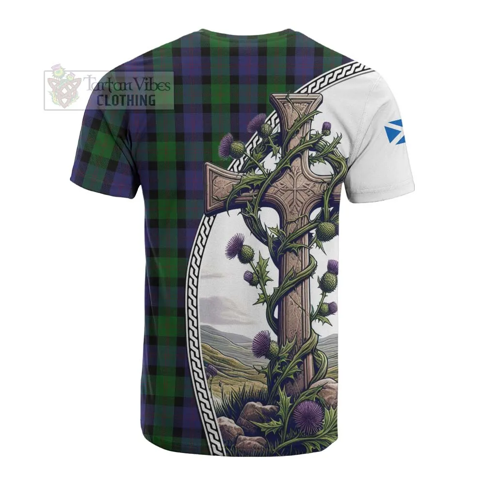 Blair Tartan Cotton T-shirt with Family Crest and St. Andrew's Cross Accented by Thistle Vines