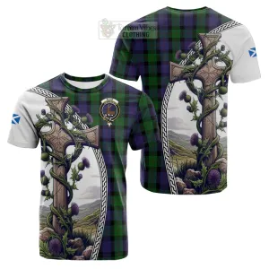 Blair Tartan Cotton T-shirt with Family Crest and St. Andrew's Cross Accented by Thistle Vines