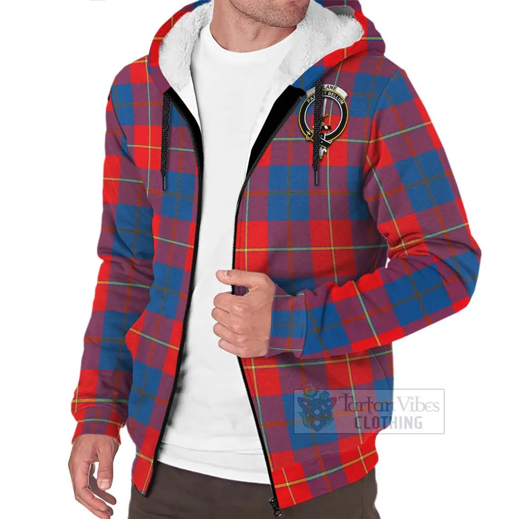 Blane Tartan Sherpa Hoodie with Family Crest and Bearded Skull Holding Bottles of Whiskey