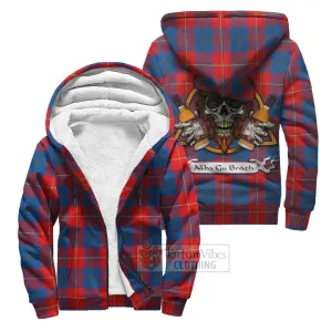 Blane Tartan Sherpa Hoodie with Family Crest and Bearded Skull Holding Bottles of Whiskey