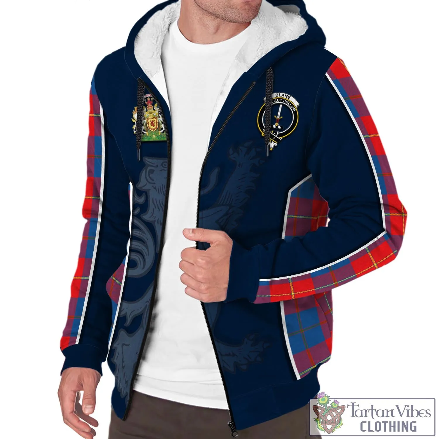 Blane Tartan Sherpa Hoodie with Family Crest and Lion Rampant Vibes Sport Style