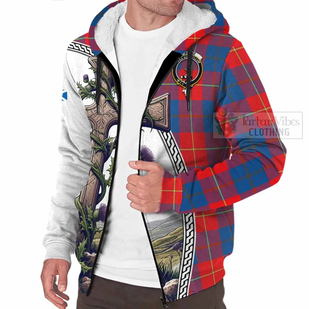 Blane Tartan Sherpa Hoodie with Family Crest and St. Andrew's Cross Accented by Thistle Vines