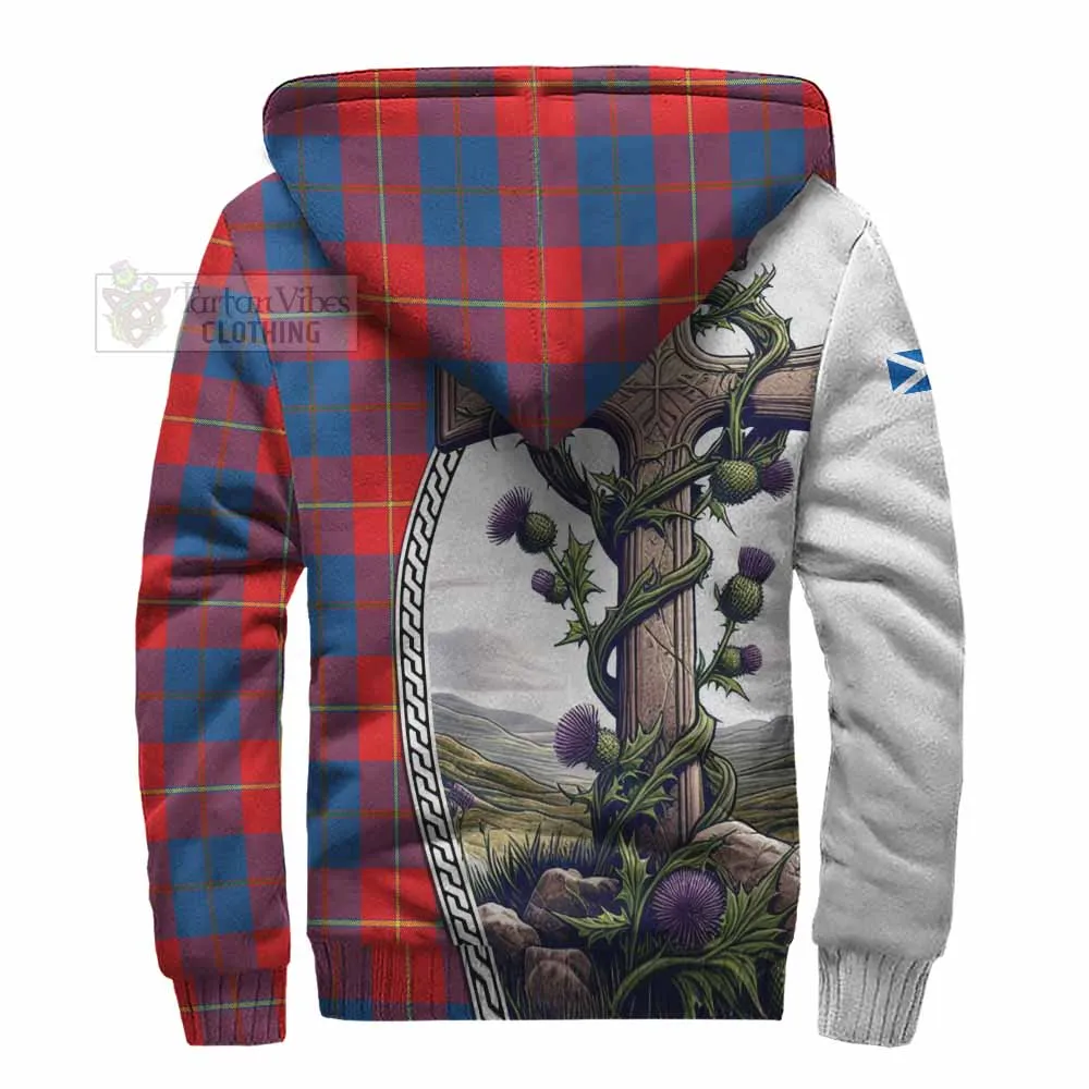 Blane Tartan Sherpa Hoodie with Family Crest and St. Andrew's Cross Accented by Thistle Vines