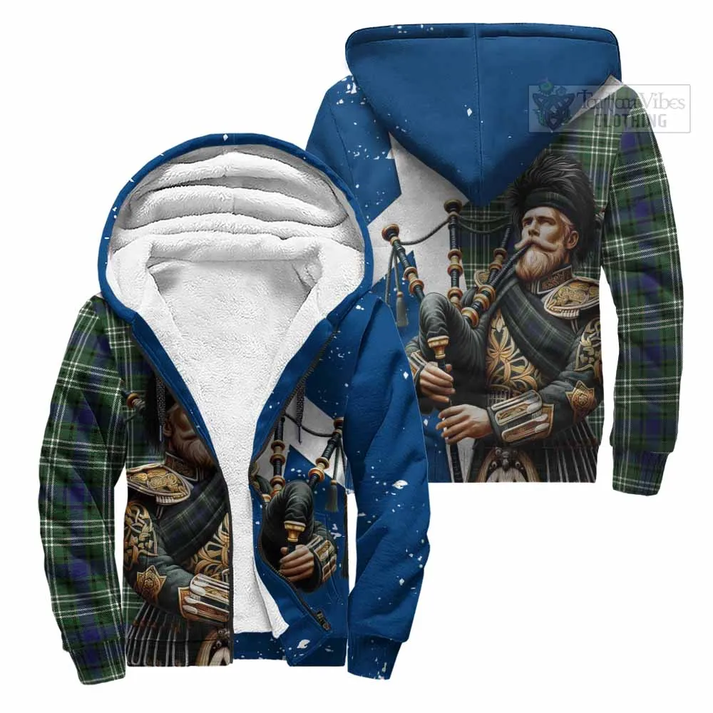 Blyth Tartan Sherpa Hoodie with Family Crest Scottish Bagpiper Vibes