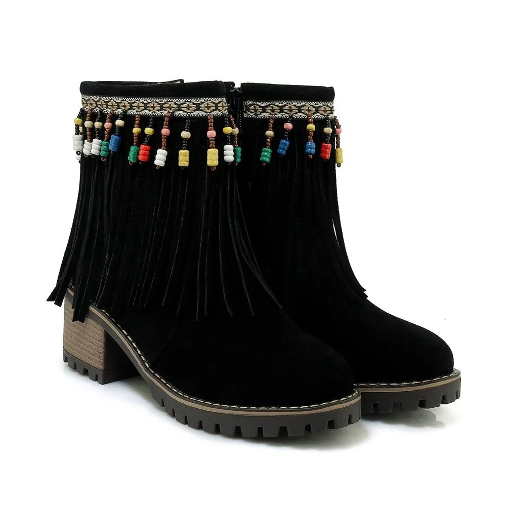 Boho Brushed Tassels Solid Color Autumn Short Boots