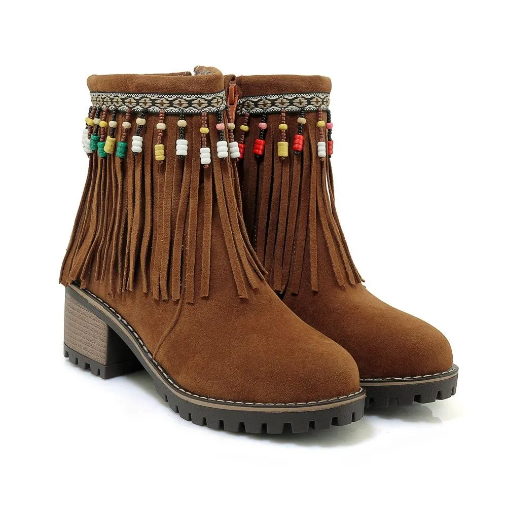 Boho Brushed Tassels Solid Color Autumn Short Boots