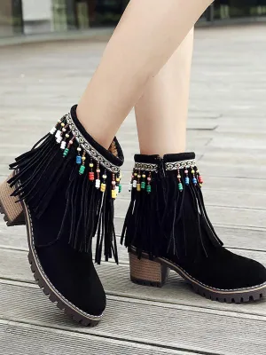 Boho Brushed Tassels Solid Color Autumn Short Boots