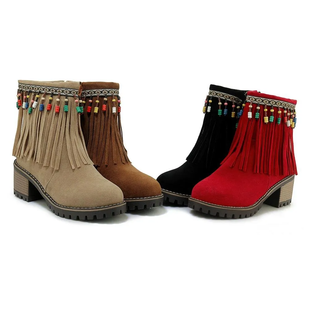 Boho Brushed Tassels Solid Color Autumn Short Boots