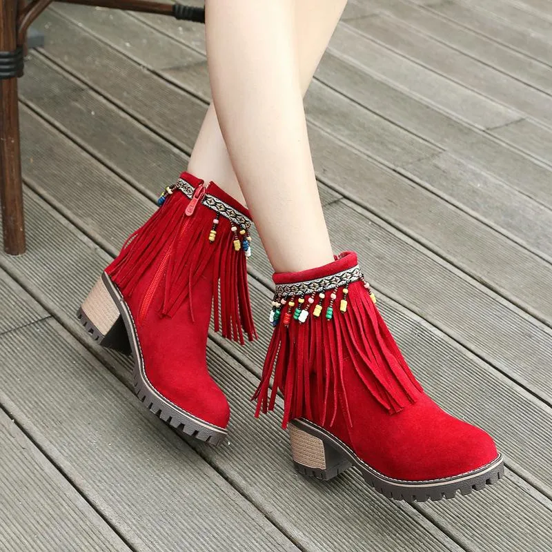 Boho Brushed Tassels Solid Color Autumn Short Boots