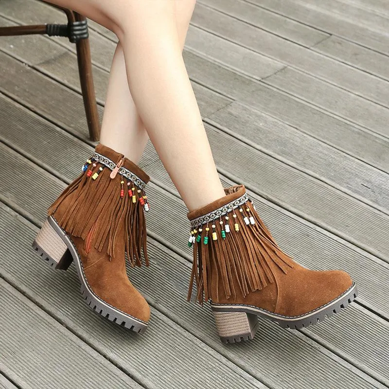 Boho Brushed Tassels Solid Color Autumn Short Boots