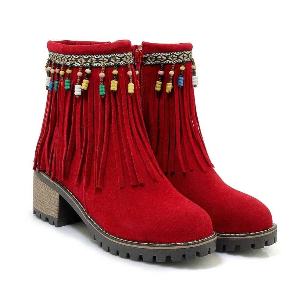 Boho Brushed Tassels Solid Color Autumn Short Boots