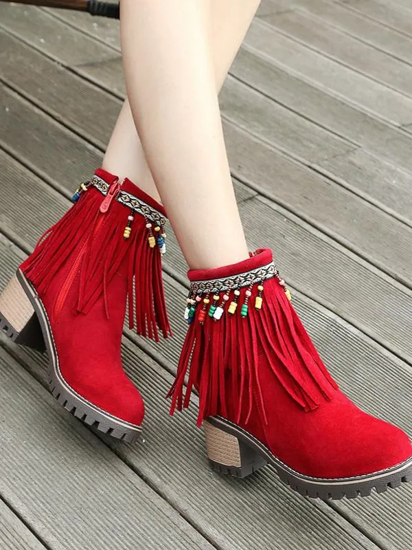 Boho Brushed Tassels Solid Color Autumn Short Boots