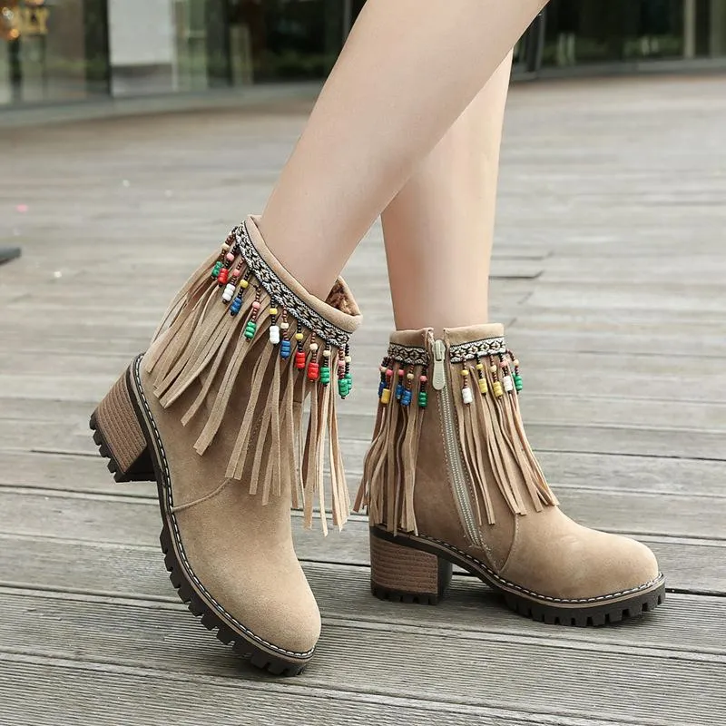 Boho Brushed Tassels Solid Color Autumn Short Boots