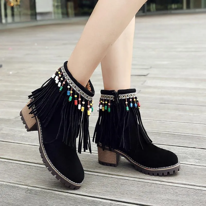 Boho Brushed Tassels Solid Color Autumn Short Boots