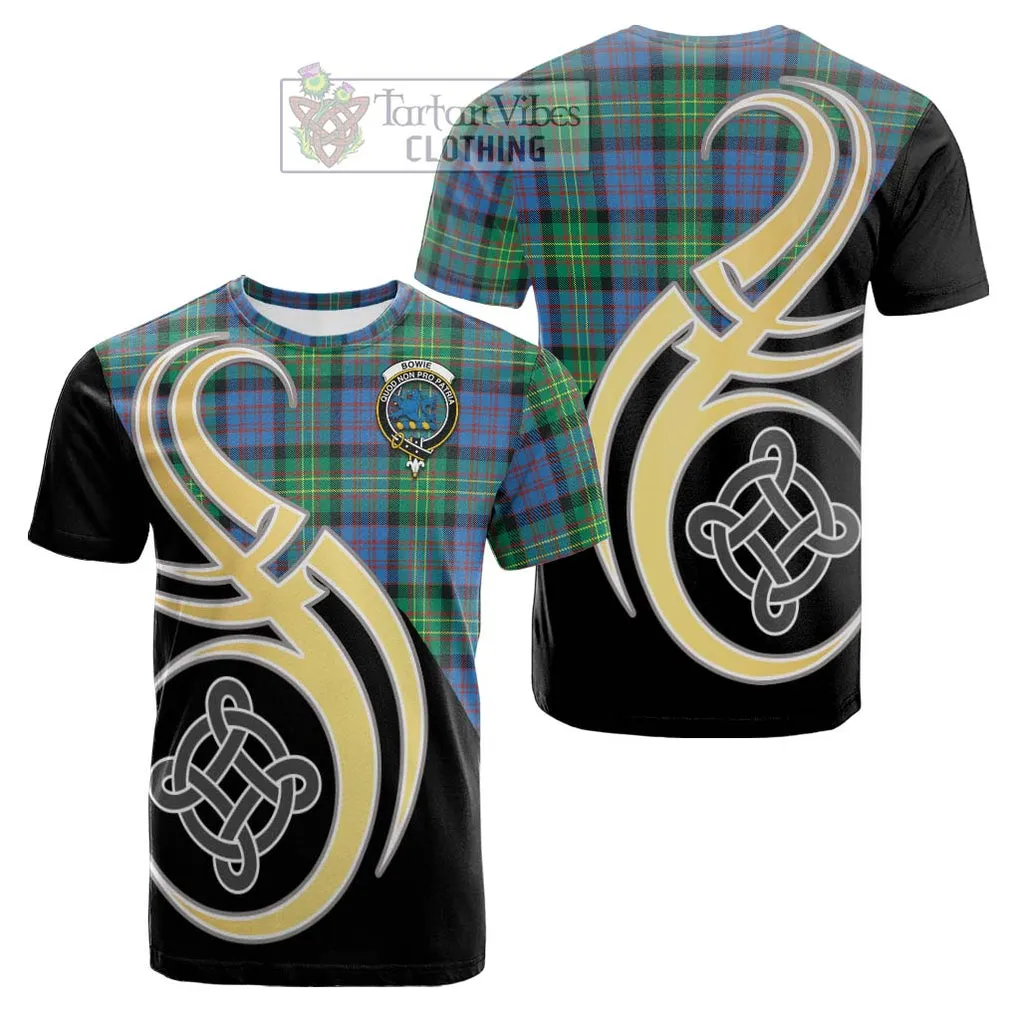 Bowie Ancient Tartan Cotton T-shirt with Family Crest and Celtic Symbol Style