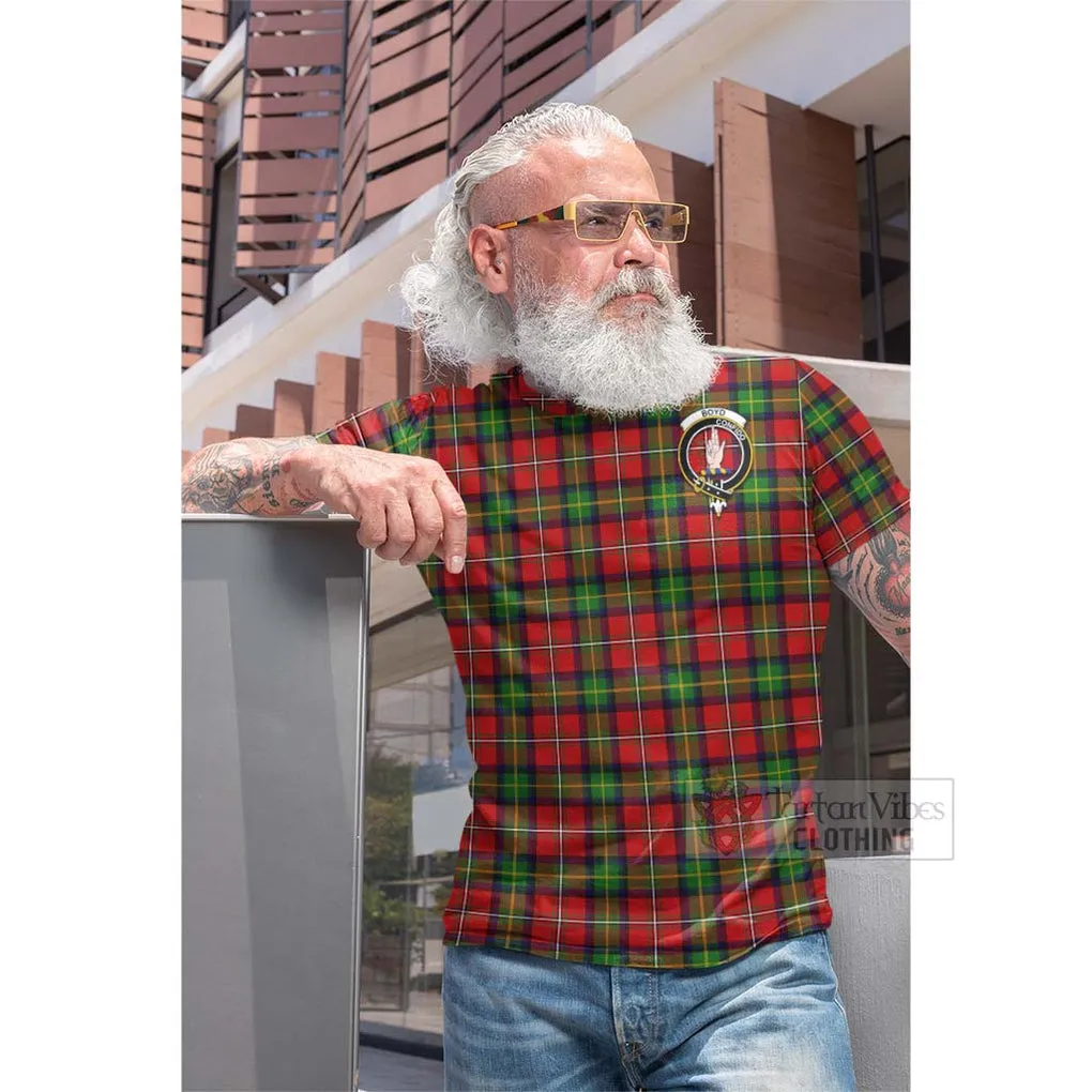 Boyd Tartan Cotton T-shirt with Family Crest and Bearded Skull Holding Bottles of Whiskey