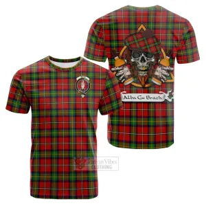 Boyd Tartan Cotton T-shirt with Family Crest and Bearded Skull Holding Bottles of Whiskey