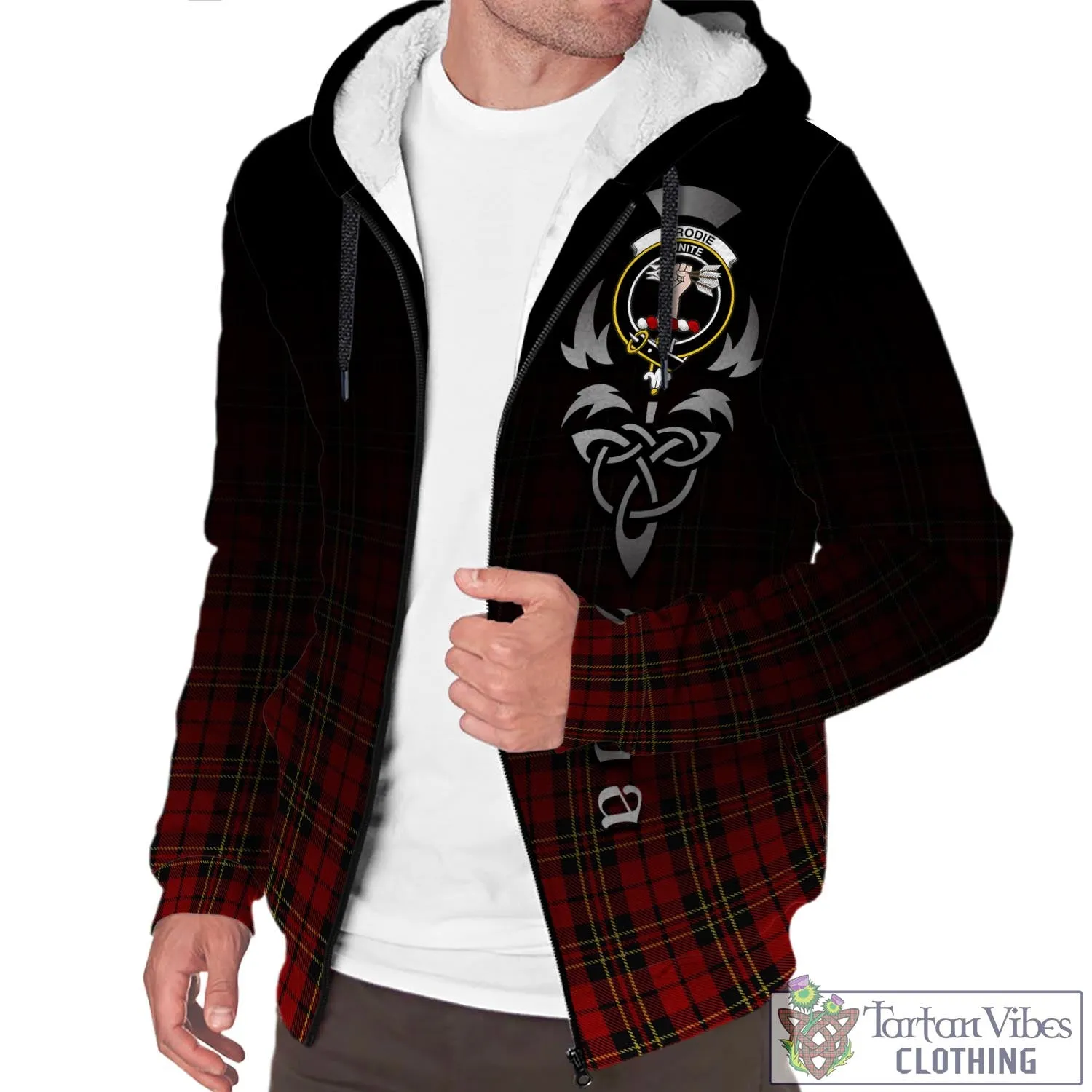 Brodie Tartan Sherpa Hoodie Featuring Alba Gu Brath Family Crest Celtic Inspired