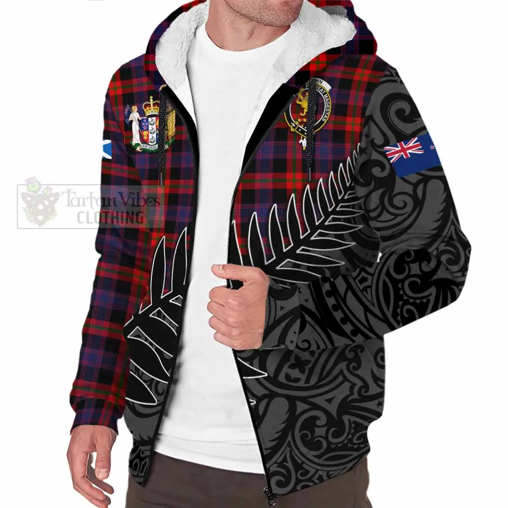 Brown (Broun) Crest Tartan Sherpa Hoodie with New Zealand Silver Fern Half Style