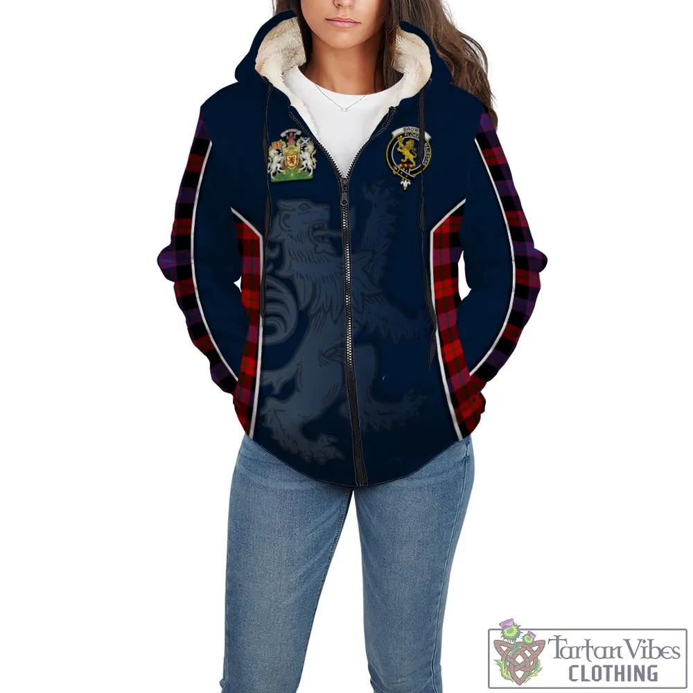 Brown (Broun) Tartan Sherpa Hoodie with Family Crest and Lion Rampant Vibes Sport Style