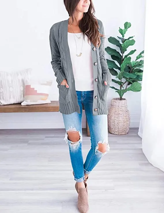 Brown Women's Long Sleeve Cable Knit Sweater Open Front Cardigan Button Loose Outerwear - MEROKEETY