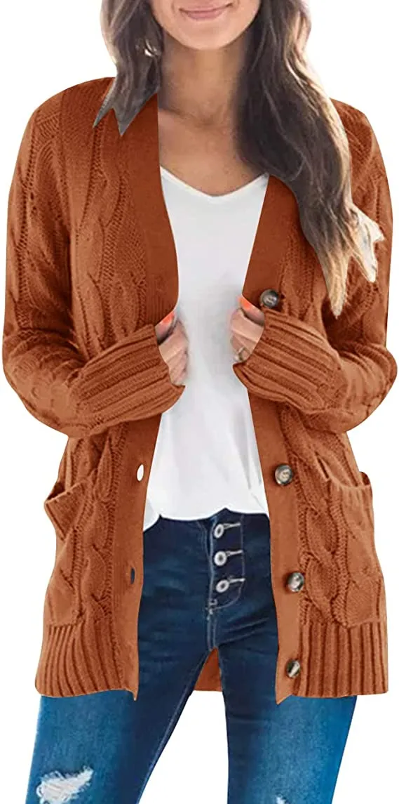 Brown Women's Long Sleeve Cable Knit Sweater Open Front Cardigan Button Loose Outerwear - MEROKEETY