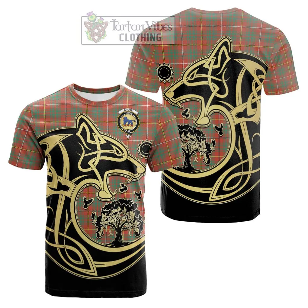 Bruce Ancient Tartan Cotton T-shirt with Family Crest Celtic Wolf Style