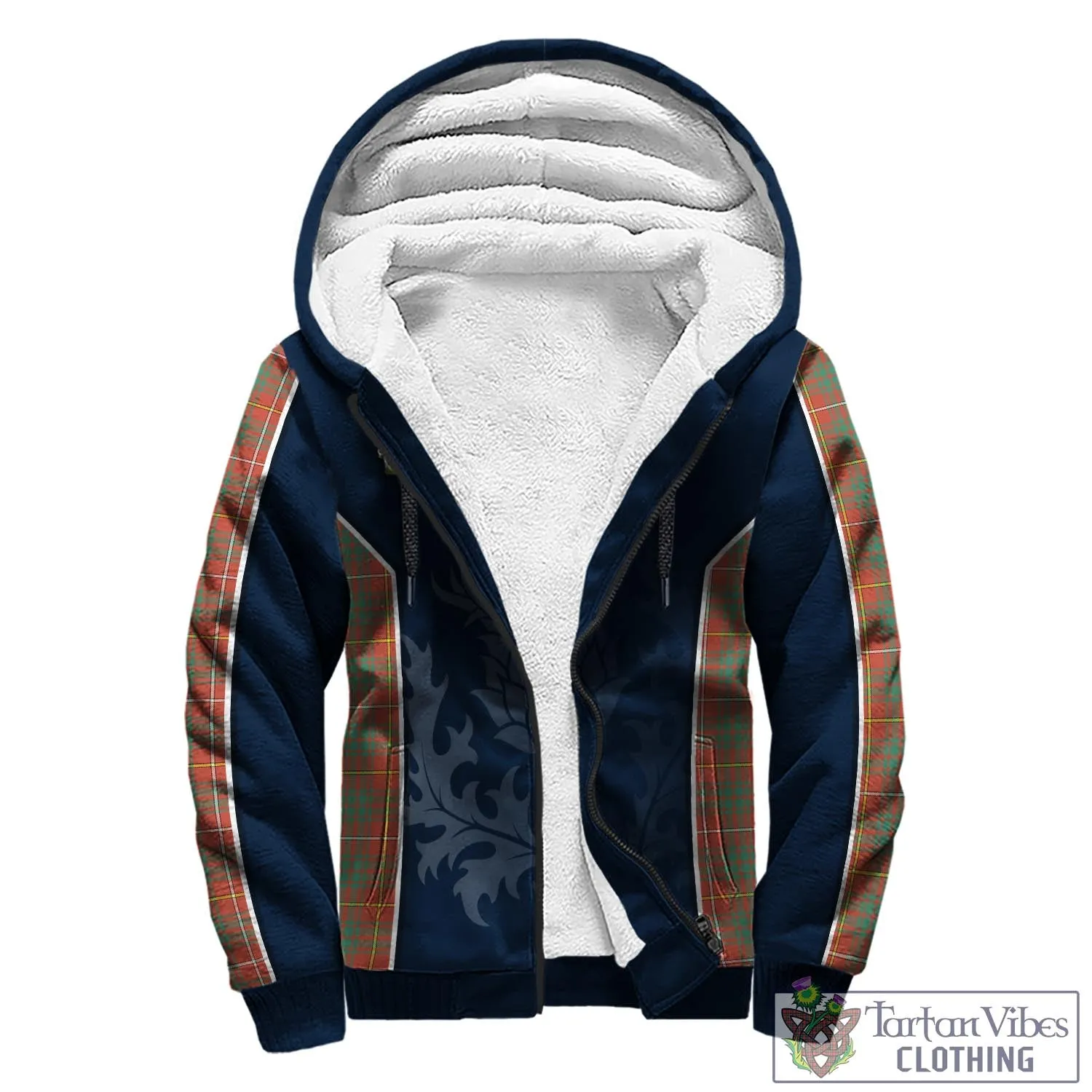 Bruce Ancient Tartan Sherpa Hoodie with Family Crest and Scottish Thistle Vibes Sport Style