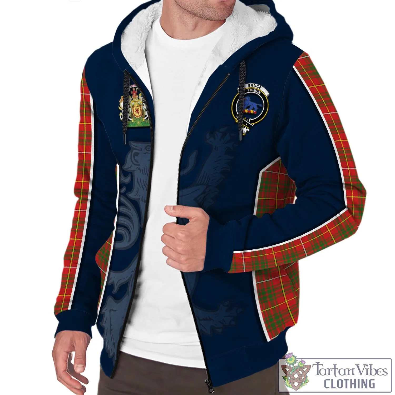 Bruce Modern Tartan Sherpa Hoodie with Family Crest and Lion Rampant Vibes Sport Style