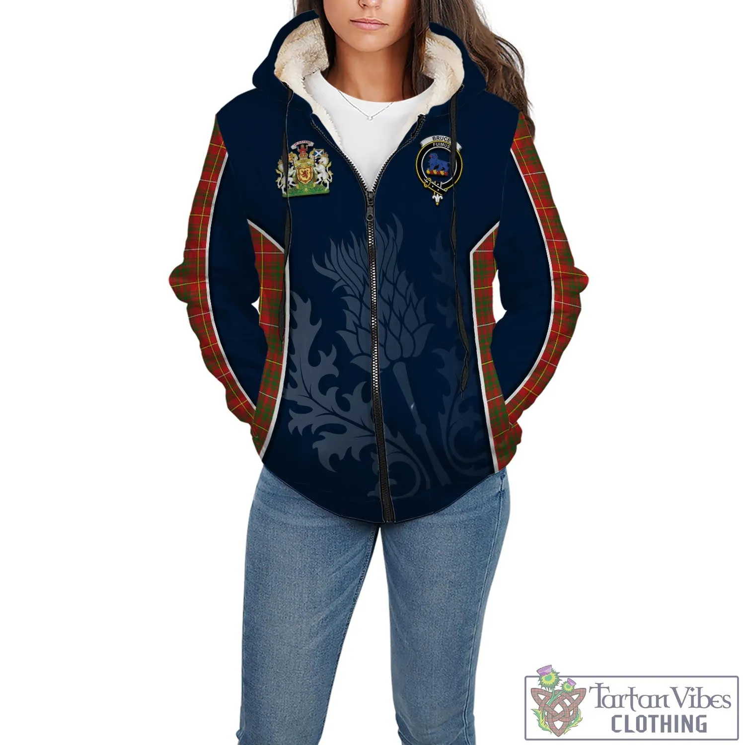 Bruce Modern Tartan Sherpa Hoodie with Family Crest and Scottish Thistle Vibes Sport Style